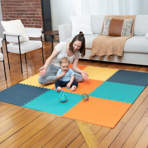 MioTetto Non-Toxic Foam Play Mat for Babies & Kids, Interlocking Puzzle Tiles, Cobalt-Apricot-Pine-Gold, 36 Pieces – Perfect for Tummy Time, Crawling, Nursery, Playroom, or Gym
