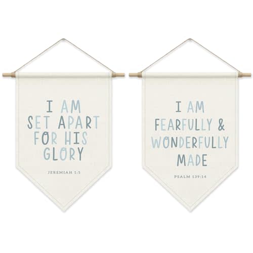 Bible Verse Wall Decor, Inspirational Scripture Poster Hanger Frame, Boy Nursery Decor, Christian Pennant Flag Banner for Bedroom Playroom Set of 2, Christian Birthday Gifts for Tolddler Baby Kids
