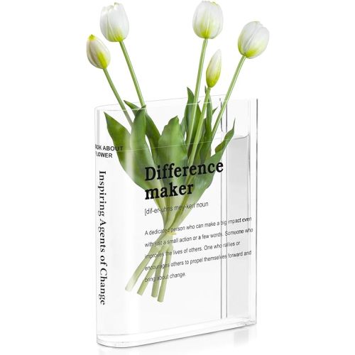 Clear Acrylic Book Vase for Flowers, Transparent Flower Vase for Home Decor, Simplicity Bookshelf Decor, Unique Stuff for Book Lovers, Difference Maker, Gift to Motivate(Clear)