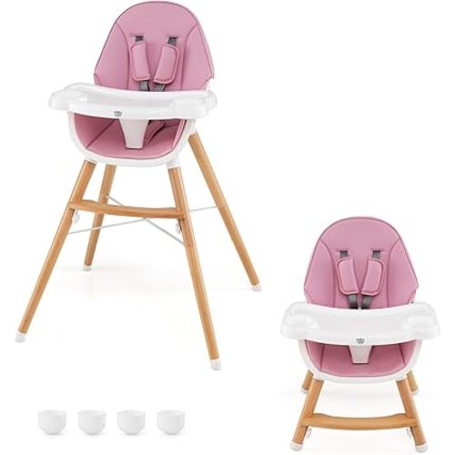 BABY JOY Baby High Chair, Wooden High Chair for Babies & Toddlers with Dishwasher Safe Double Removable Tray, Infant Feeding Chair with 5-Point Safety Harness & Detachable PU Seat Cushion (Pink)