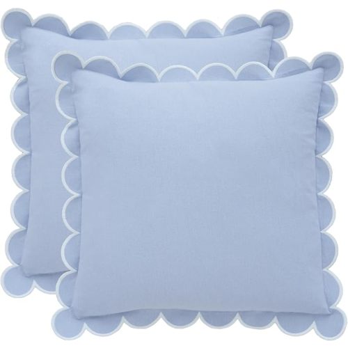 BEBE BASK Blue Scalloped Pillow Cover - Set of 2-18 x 18 Inch - Scallop Pillow Cover - Scalloped Pillows - Scallop Pillows - 100% Cotton - Grandmillennial Style (Sky Blue/White)