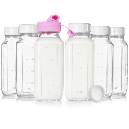 16 Oz Square Glass Milk Bottles with A Silicone Cap, 6 Pack Glass Bottles for Juicing with Airtight Lids, Drinking Bottles with Lids and Scale Mark, Breast Milk Storage Jug Easy to Carry