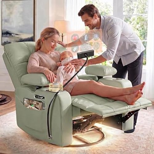 Power Rocking Chair Nursery, Electric Glider Recliner Chair with Night Light Smart Cup Holder, Oversized Nursing Chair for Breastfeeding with Adjustable Armrest Backrest Headrest Support, Green