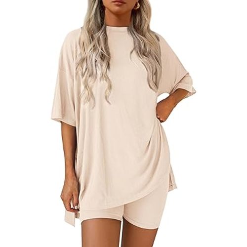 PRETTYGARDEN Women 2 Piece Lounge Set 2026 Summer Casual Oversized Shirts Biker Shorts Matching Airport Travel Outfit Clothes