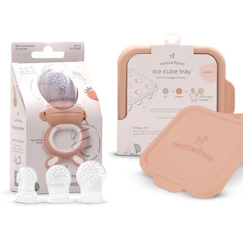 Moss and Fawn Baby's First Bites Bundle - Silicone Frozen Breast Milk Popsicle Kit with Forage Feeder & Teething Popsicle Ice Cube Tray - BPA, PVC, & Lead-Free - Bloom