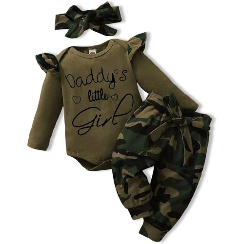AMAWMW Baby Girl Clothes Set Daddys Little Girl Ruffle Romper Top Camouflage Pants Newborn Infant Baby Girl Outfit