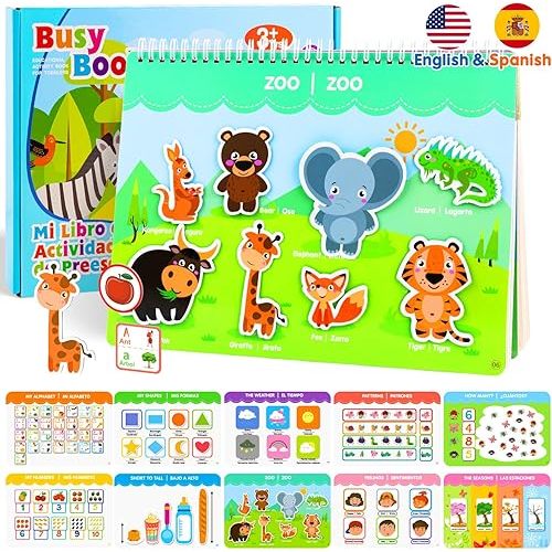 Spanish & English Bilingual Montessori Books for Toddlers 3-4-5, Pre-Assembled Reusable Sticker Activities Toy for Kids to Learn Spanish - Speech Therapy Travel Girls Boys Gifts - Juguetes Para Niñas