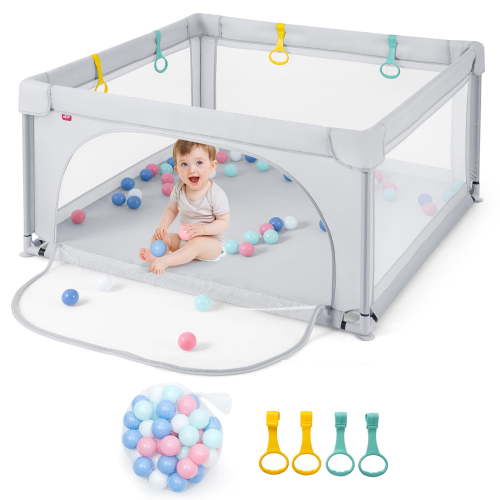 Costway Baby Playpen Infant Large Safety Play Center Yard w/ 50 Ocean Balls Grey