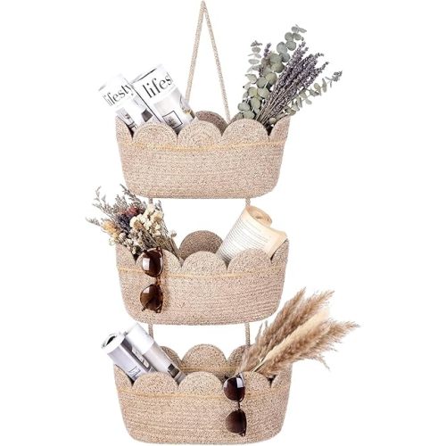 Mifoci Over The Door Hanging Baskets 3 Tier Scalloped Hanging Basket Organizer for Nursery Woven Cotton Wall Mounted Storage Organizer Decorative Boho Baskets for Kitchen Laundry Room Apartments Door