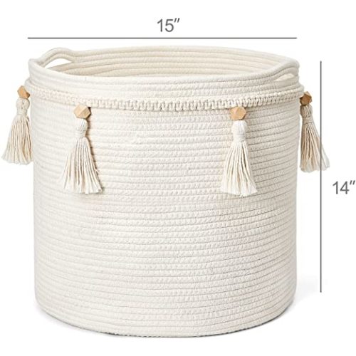 Mkono Macrame Decorative Cotton Rope Basket Boho Cute Woven Tassel Closet Storage Bins Organizer for Nursery,Baby Toys,Blankets,Magazines, Potted Plants Cover,Living Room,Bedroom Home Decor 15"x 14" - 14"x15"