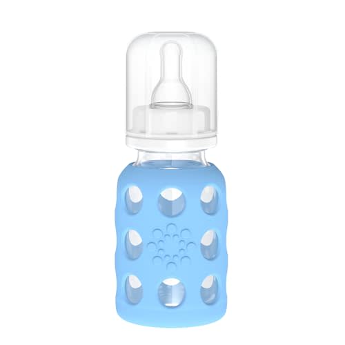 Lifefactory 4-Oz Glass Baby Bottle with Protective Silicone Sleeve and Stage 1 Nipple Sky Blue