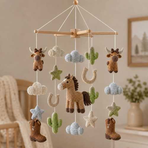 Cowboy Baby Mobile, Western Nursery Mobile, Crochet Horse Crib Mobile, Rodeo Baby Decor, Baby Shower Gift For Boy