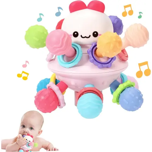 Montessori Sensory Teething Toys for Baby, Food Grade Baby Teether Chew Rattle Toys for 0-3-6-9-12-18 Months, Newborn Gift, Early Developmental Activity - Suction Cup Base