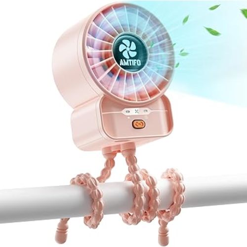 AMTIFO Pink Stroller Fan - USB Rechargeable, Quiet Cooling, 4 Adjustable Speeds, Portable Baby Fan for Strollers, Car Seats, Nurseries, Outdoor Use, Long-Lasting Battery