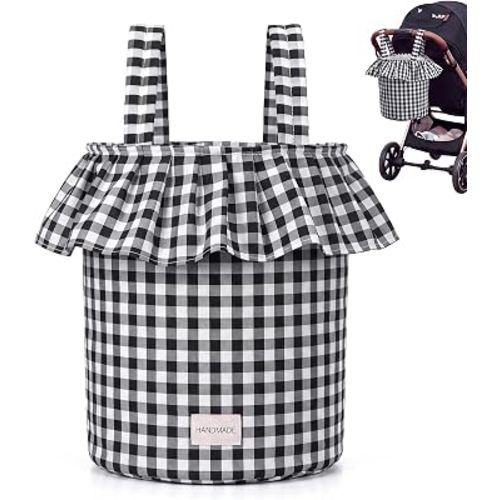 Abbylike Ruffle Stroller Bag with Removable Handles, Cotton Stroller Organizer with Waterproof Lined for Moms Baby Travel(Ruffles Style,15.5 x 9.5 Inch,Black Checkered)