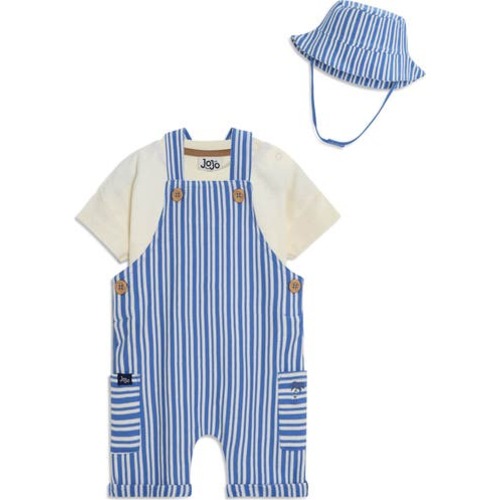 Stripe Cotton Shirt, Overalls & Hat Set, 0-3M