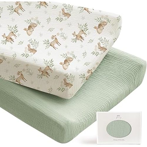 Konssy 2 Pack Muslin Changing Pad Covers for Boys, Ultra Soft & Breathable Cotton Baby Diaper Changing Table Covers, Neutral Nursery Diaper Changing Pad Sheets (Woodland,Sage)