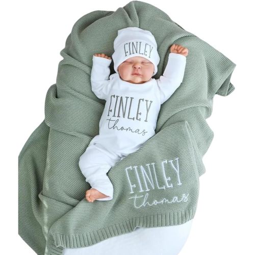Baby outfit set with cotton knit blanket,Custom Baby Coming Home Outfit with Matching Hat,Embroidered Name Newborn Gift