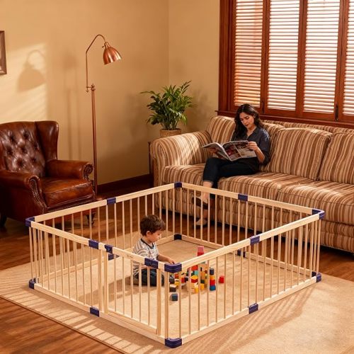 Wooden Baby Playpen for Toddlers,Babies Playars, Wood Fence Play Area with Safety Gate, Indoor Safety Play Yard,Large Play Pen with Locking Gate Activity Center (55x79x24 Inches)