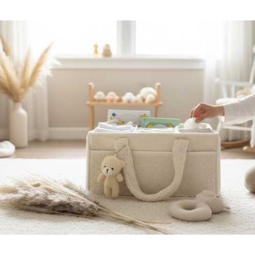 Plush Diaper Caddy With Bear: Cream Nursery Bag Organizer for Baby Accessories