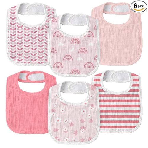 Muslin Bibs for Baby Girl, Adjustable Fit for Drooling and Teething Toddler | 6Pk, 100% Soft Cotton Surface & Multi-Layer Absorbent Core, Shrink-resistant & Fade-Proof, Gentle on Sensitive Newborn skin