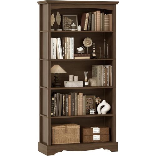 TVU 5-Tier Wooden Bookshelf, 31.5" W x 65" H ×9.9" D Bookshelf with Storage, Floor Standing Modern Style Display Bookcase for Living Room, Office, Study Room, Entryway, Brown