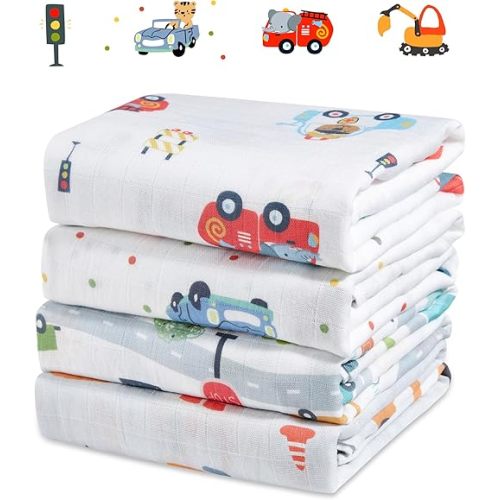 4-Pack 100% Cotton Muslin Swaddle Blankets, Large 47 x 47 Inches - Breathable Soft Receiving Blankets for Newborns, Swaddling Wraps, Registry Gift (Construction Car Adventure)