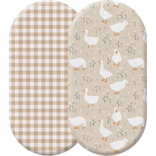 Breling 2 Pack Muslin Silly Goose and Khaki Gingham Baby Bassinet Sheets for Girls Boys Soft and Breathable Plaid Cradle Bed Cover for 32'' x 16" Oval Hourglass Infant Nursery Toddler Room Decor