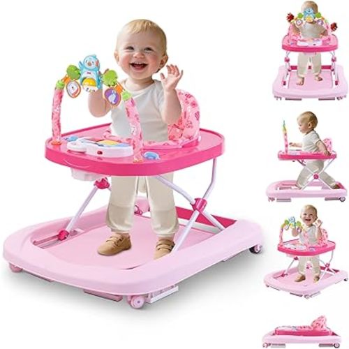 Baby Walker, Music & Removable Footrest with Toys, 3-Height Adjustable, Foldable 4-in-1 Activity Center for Infant and Toddler, Baby Walker for Baby Boy Girls 7–18 Months