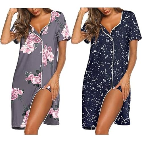 Ekouaer Nightgowns for Women 2 Pack Button Down Sleepshirt Short Sleeve Nightshirt Soft Sleepwear V Neck Pajama Dress