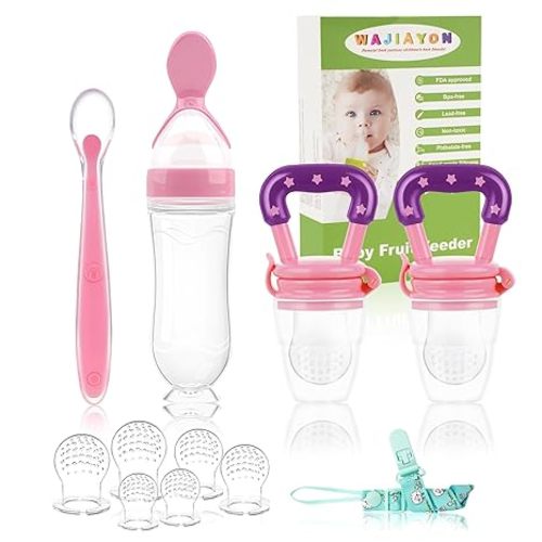 WAJIAYON Baby Fruit Feeder Pacifier - 5 Pack | 2 Mesh Infant Food Feeder Pacifier & 1 Baby Food Dispensing Spoon | Fresh Fruit Teethers for Babies |Shower Gifts for Boys and Girls (Pink & Green)