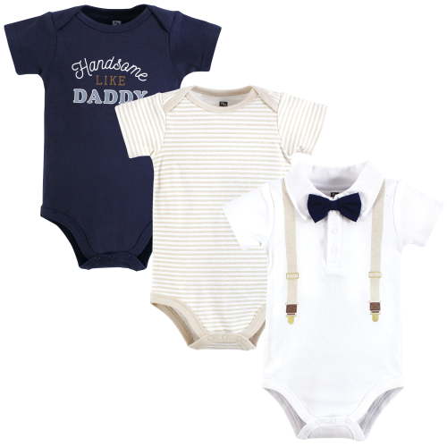 Hudson Baby Infant Boy Cotton Bodysuits, Beige Navy Suspender, 9-12 Months