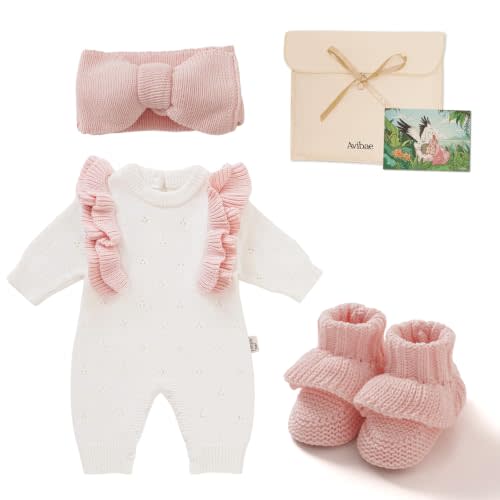 Avibae Knit Cotton Baby Girls Set with Romper, Hair Band and Shoes | 3-Piece Set, Includes Greeting Card, Gift Bag Included, Knit Cotton, For Baby Girls