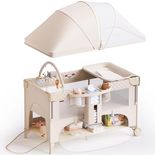 kingobabys 4 in 1 Baby Bassinet,Pack and Play,Bedside Crib Sleeper,Baby Bassinets Bedside Sleeper with Diaper Changer, Mosquito Net,Bottom Storage and Toy Bar for Newborn to Toddles (Beige)