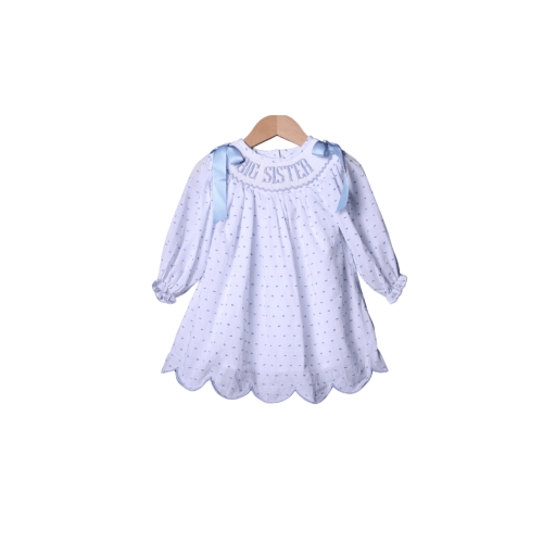 Smocked BLUE Swiss Dot Big Sister Long Sleeve Dress