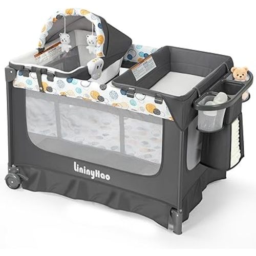 5-in-1 Pack and Play, Portable Playpen with Mat, Pack and Play with Bassinet, Foldable Baby Playpen, Changing Table, Easy Setup, Breathable Mesh Sides and Soft Fabric (Gray + Polka Dots)
