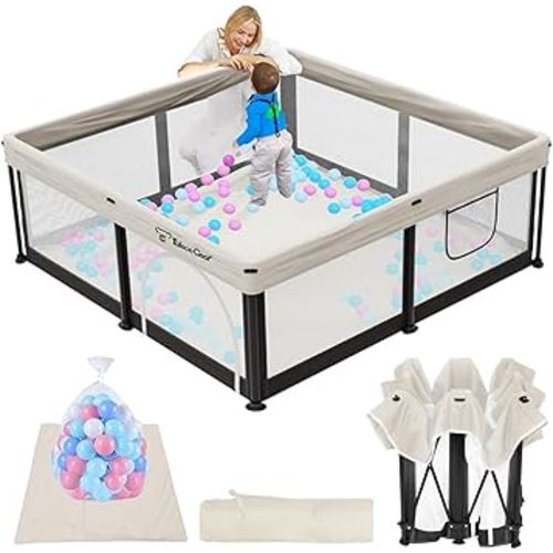 TOREVSIOR Foldable Baby Playpen with Mat, 50"×50" Collapsible Play Pen for Babies and Toddlers, Indoor & Outdoor Kids Safety Play Pen, Portable Play Yard, Foldable Baby Playpen with 50 Ocean Balls