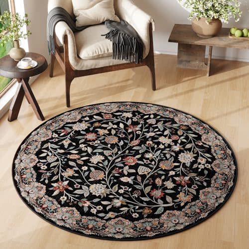Rugcomf Vintage Paisley Round Rug 4ft - Machine Washable Area Rug, Non-Slip Low Pile Floral Carpet for Entryway, Living Room, Bedroom, Dining Room, Kids, Bathroom, Office - Black