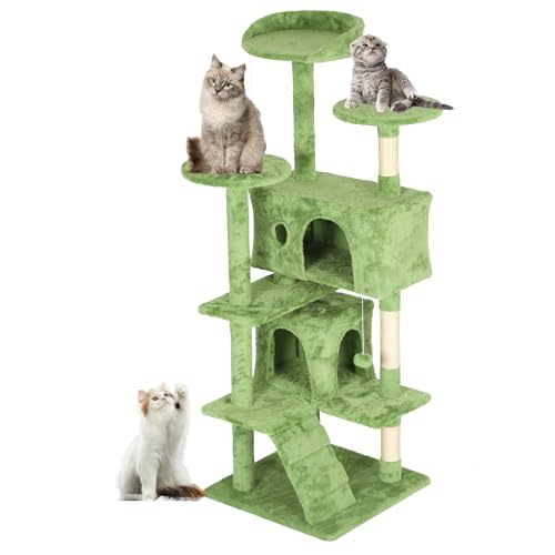 FDW Cat Tree 54in Cat Tower Multi-Level Durable Cat Scratching Post & Cozy Fun Cat Jumping Platform Space Saving Cat Condo Pet Play House for Indoor Cats,Green