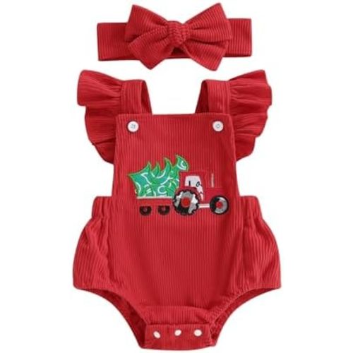 Newborn Baby Girl Christmas Outfit Ruffle Sleeveless Bodysuit Bubble Romper Baby Christmas Jumpsuit Christmas Clothes