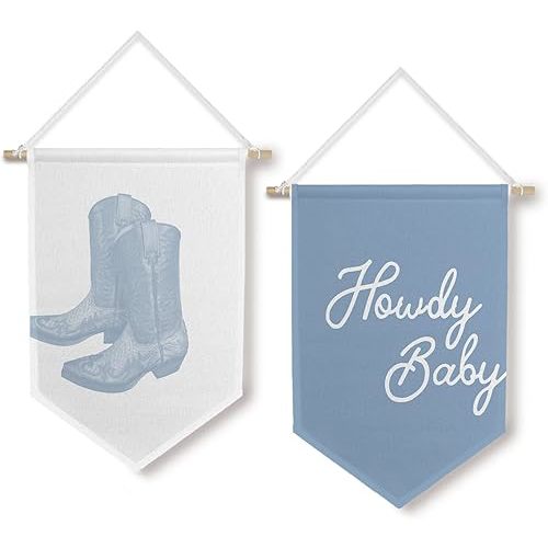 BlissfulAbon Western Nursery Canvas Banner Set - Coastal Cowgirl Room Decor, Preppy Howdy Baby Blue Hanging Pennant Flag, Cowboy Nursery Decor, 11 X 15 Inch Set of 2