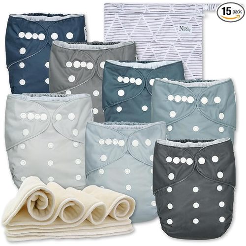 Nora's Nursery Cloth Diapers 7 Pack with 7 Inserts & 1 Wet Bag - Waterproof Cover, Washable, Reusable & One Size Adjustable Pocket Diapers for Newborns and Toddlers - Out to Sea