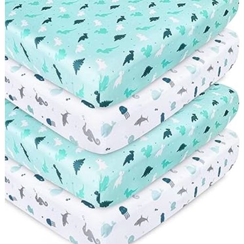 Crib Sheets for Boys or Girls 4-Pack, Fitted Crib Sheet 52'' x 28'' for Standard Crib & Toddler Mattress, Soft and Breathable Material, Baby Crib Sheets Neutral, Aqua