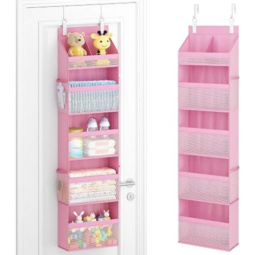 Lifewit Baby Over the Door Hanging Organiser, Hanging Shelves with Transparent Pockets for Stuffed Toys for Children's Room, Baby Items in the Pantry, Bedroom, Wardrobe, (Pink, 5 Tier)