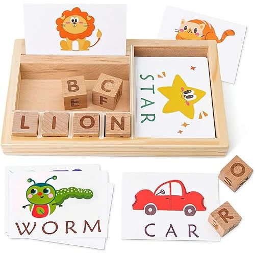 Coogam Spelling Games, Wooden Matching Letters Toy with Flash Cards Words, Montessori ABC Alphabet Learning Educational Puzzle Gift for Preschool Boys Girls Kids Age 3 4 5 Years Old