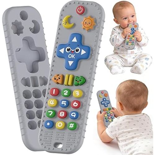 Baby Teething Toys Silicone Baby Remote Teether Over 3 Months - Baby Essentials Sensory Chew Toys - Baby Teether for Teething Relief - BPA Free Infant Toys Baby Shower Gifts (1, Grey)