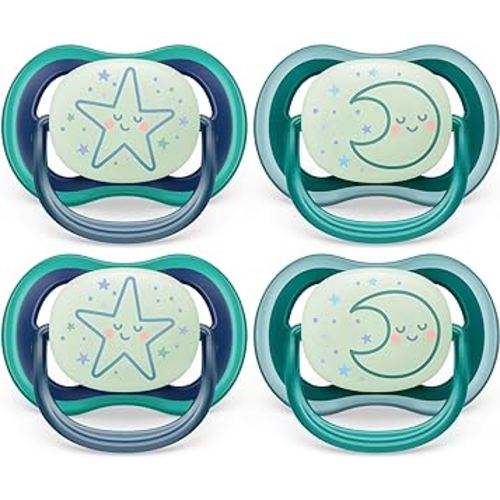Philips Avent Ultra Air Pacifier - 4 x Light, Breathable Glow-in-the-Dark Baby Pacifiers for Babies Aged 6-18 Months, BPA Free with Sterilizer Carry Case (Model SCF376/08)