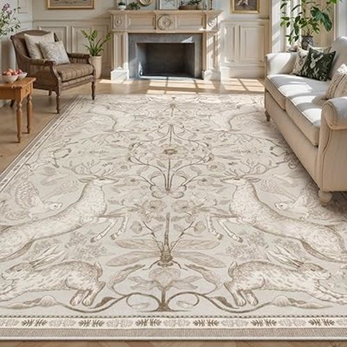 Lahome 8x10 Area Rug for Living Room, Dorval Washable Boho Deer Rug, Earthy Botanical Non Slip Low Pile Large Carpet for Bedroom Dining Room Office Nursery Farmhouse Home Decor Beige
