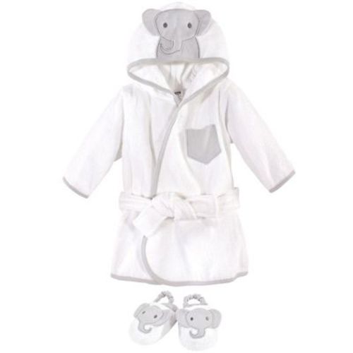 Hudson Baby Infant Cotton Animal Face Bathrobe and Slippers 2pc Set, Modern Elephant, 0-9 Months
