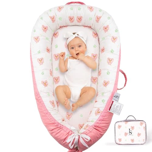 Baby Lounger for Newborn 0-24 Months – Reversible, Lightweight & Portable Infant Lounger for Baby Girl & Boy - Breathable & Soft Blush Bear Baby Nest - Baby Floor Seat for Home & Travel by Leosole